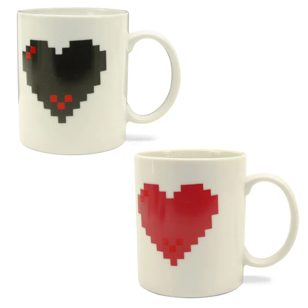 

1Piece Heat Sensitive Fashion Magic Ceramic Coffee Tea Milk Hot Cold Color Changing Mug Cup Pixel Heart Lovely Couple Gift