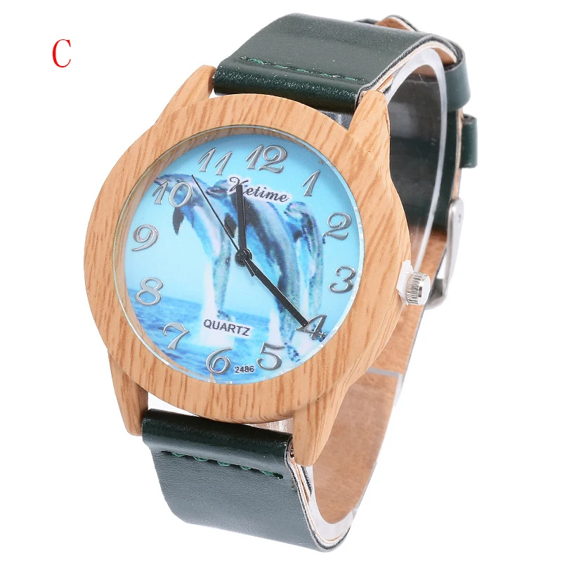 YULUCH креативная Мода дамы кварцевые деревянные зерна часы личности Дельфин Шаблон Циферблат Pu ремень Марка часы подарок