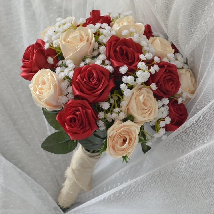 Bouquet De Mariage Handmade Satin Rose Flowers Red Champagne Wedding Bouquet De Mariage Handmade Satin Rose Flowers Red Champagne Wedding Buque Noiva Real Home Decor In Bouquets From