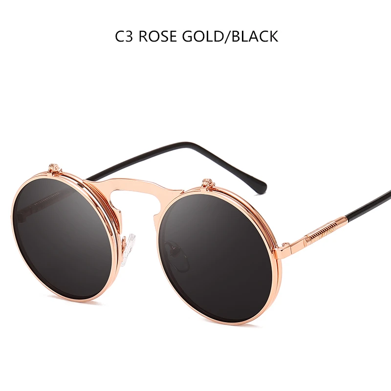 Steampunk Sunglasses Round Metal Sunglass Women Style Retro Flip Circular Double Metal Sun Glasses Men - Цвет линз: Rose Dold Black