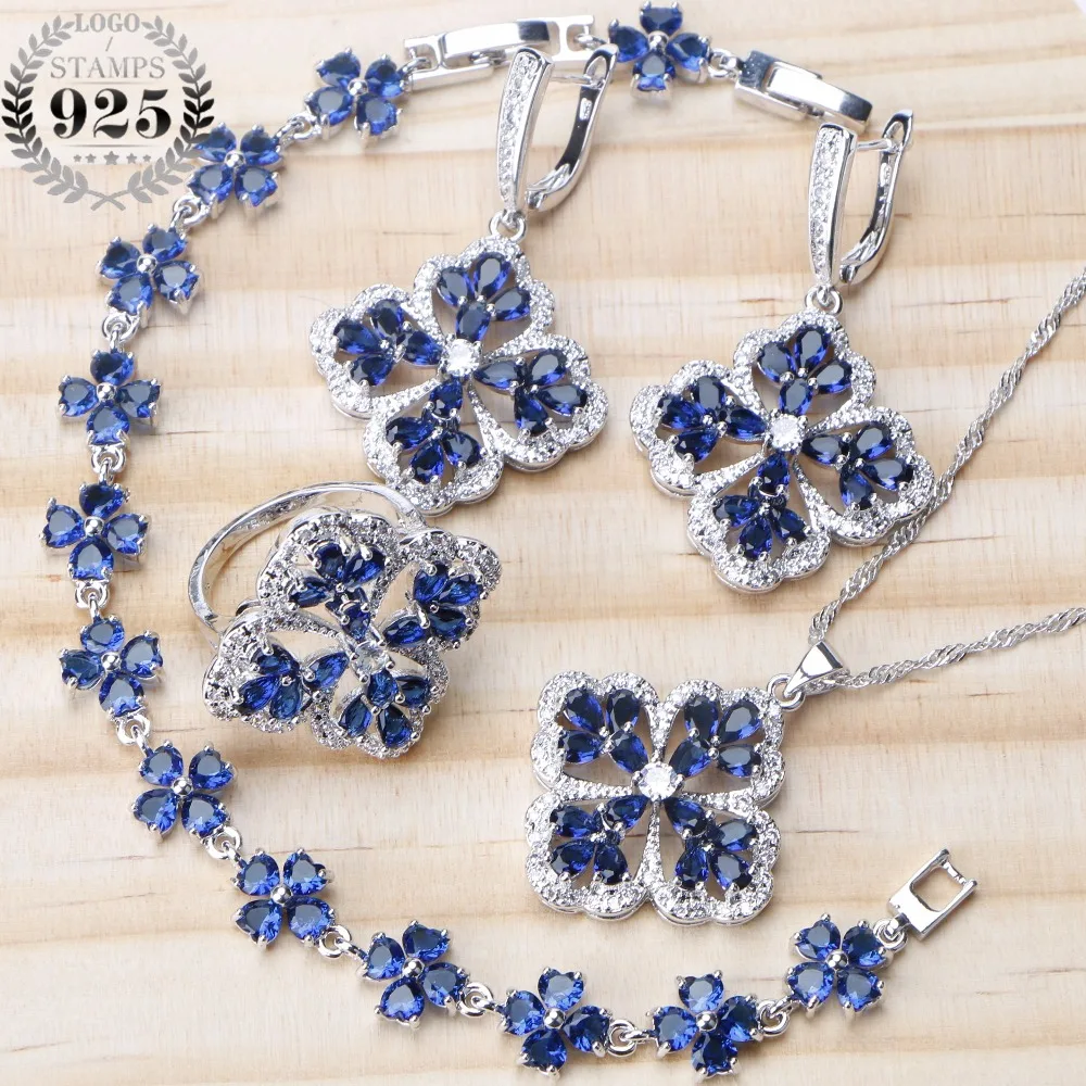 

Luxury Women 925 Sterling Silver Bridal Jewelry Sets Earrings Wedding Necklace Pendant Set Blue Zircon Charm Bracelet Gifts Box