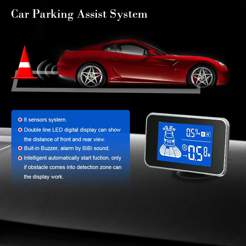 

Car Parking Sensor Kit LED Display Buzzing Sound Car Parking Assistance Reverse Backup Radar Detector Monitor System 8 Sensors