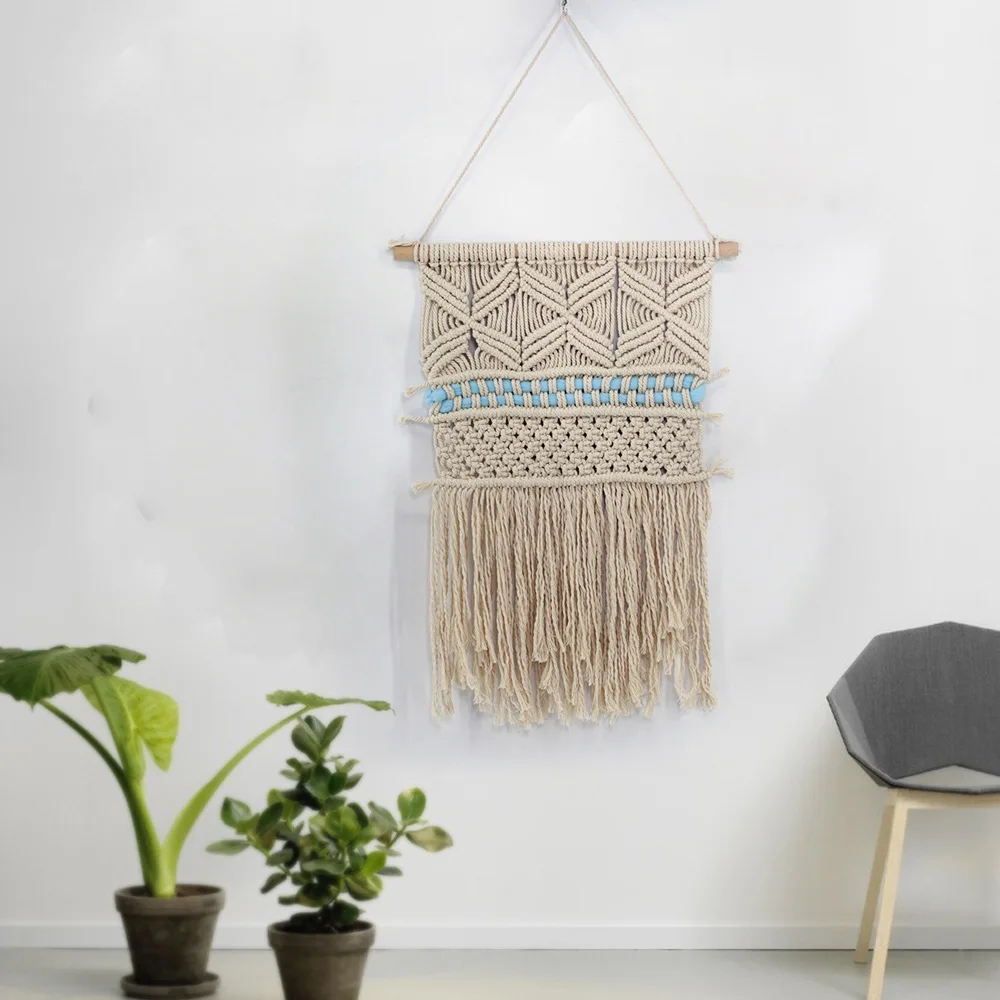 

New Bohemian Hand Knotted Macrame Wall Art Handmade Cotton Wall Hanging Tapestry with Lace Fabrics Wedding Decoration