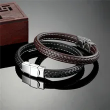 Fgifter, новинка, коричневый, черный, настоящий плетеный кожаный браслет, мужской, нержавеющая сталь, магнитные браслеты, Pulsera Hombre