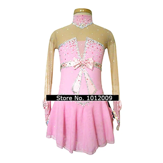 Cheap Customized Costume Ice Skating Figure Skating Dress Gymnastics Adult Child Girl Skirt Competition Pink Knot Shiny Rhinestone
