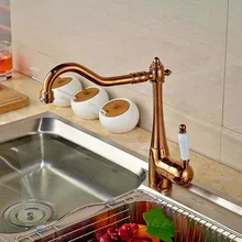Rose Golden Deck Mounted Kitchen Faucet Swivel Spout Ceramic Handle Hot and Cold Water