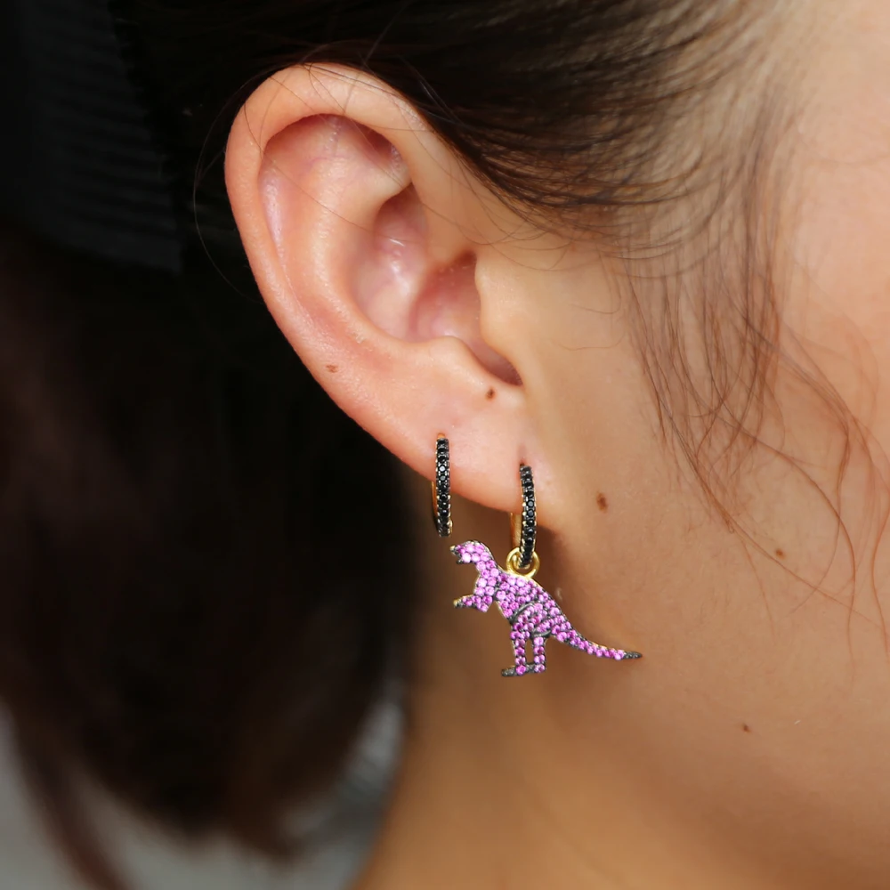

2019 Mismatch Elegant Dinosaur hoop earrings Green Zirconia WEDDING Bridal 925 silver Earring statement Jewelry fit punk women