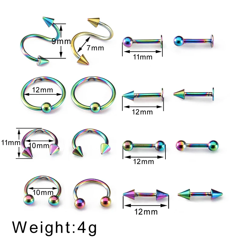 16 шт./компл. Нержавеющая сталь бровей Бар губы нос пирсинг уха шпильки пупка ногтей цветные изящные туфли микс, ювелирное изделие для тела, модный набор для пирсинга