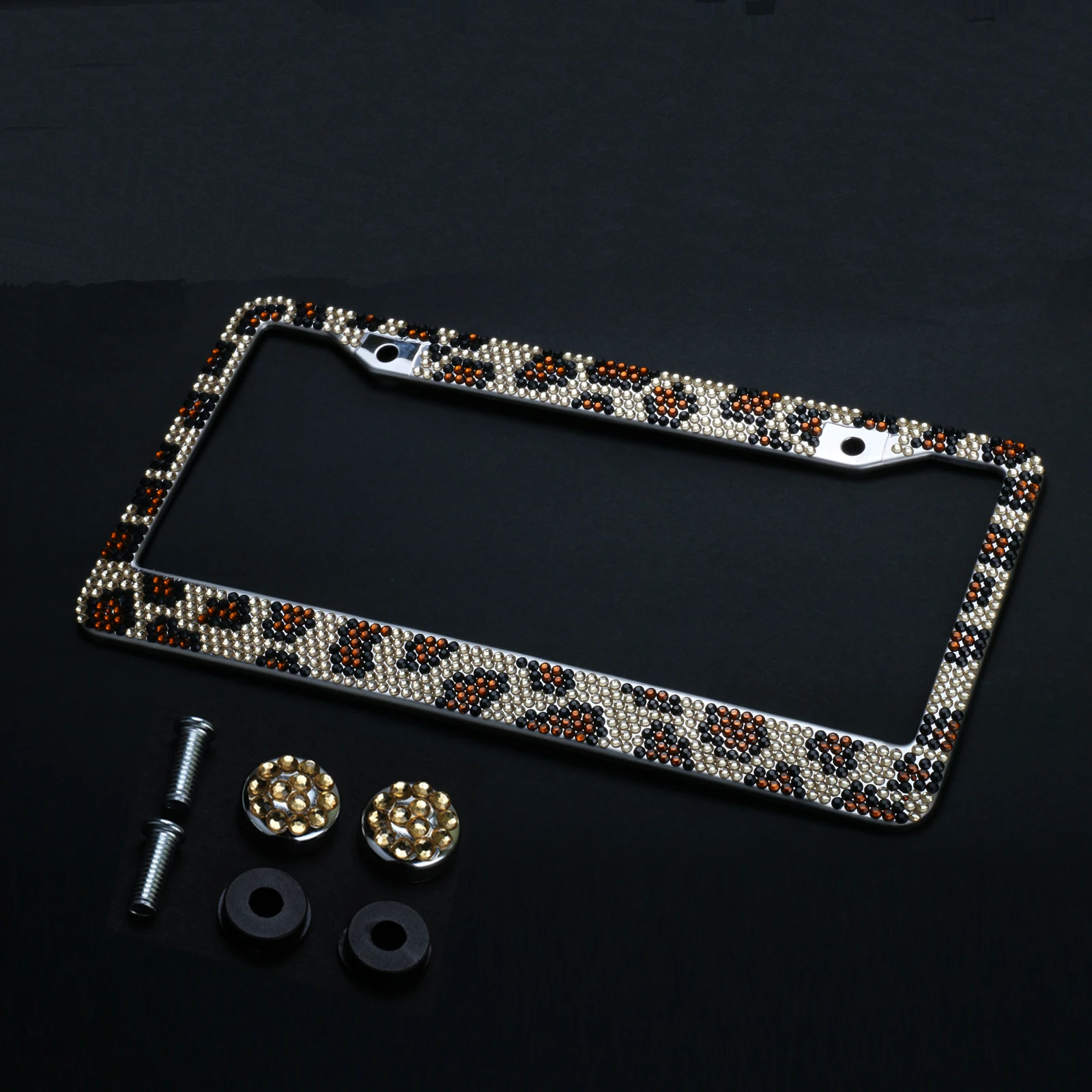 

Auto Leopard License Plate Frame Handcraft Bling Rhinestone Diamond Aluminum Chrome Body Car Crystal Cap Screw Fasteners