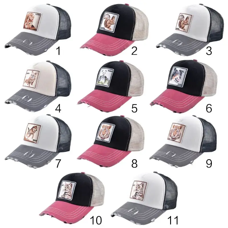 

11 Styles Unisex Cotton Vintage Irregular Distressed Hip-Hop Baseball Cap Animal Embroidered Mesh Back Adjustable Trucker Hat