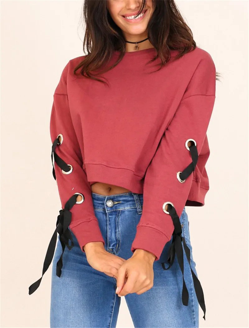 Gladiolus Fashion 2018 Autumn Sweatshirt Women Lace Up Long Sleeve Pink Sexy Crop Top Loose Pullover Hoodie Women Tracksuit Tops (18)