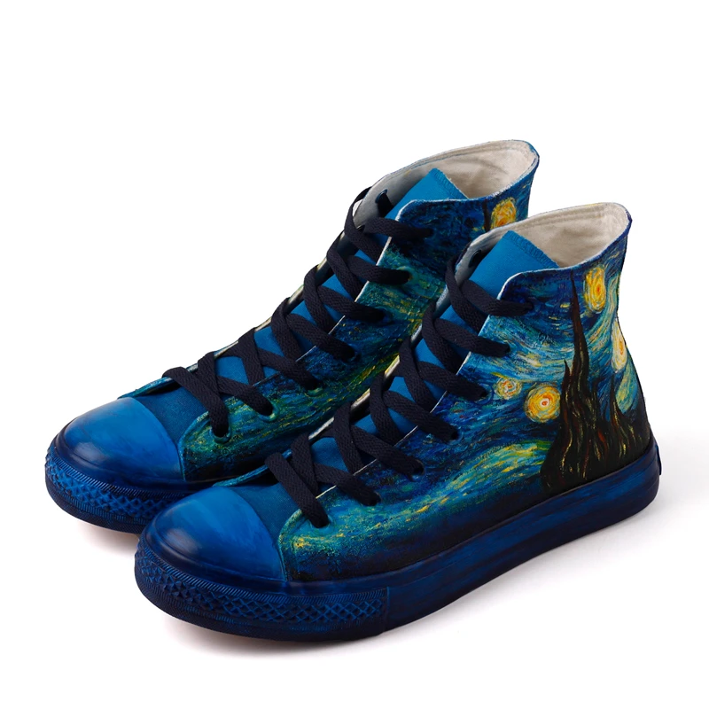 

QWEDF Women Canvas Shoes Original Design Van Gogh Famous Hand-Painted High-Up 2019 Fashion DIY Lace-Up Casual Sneaker G1-66