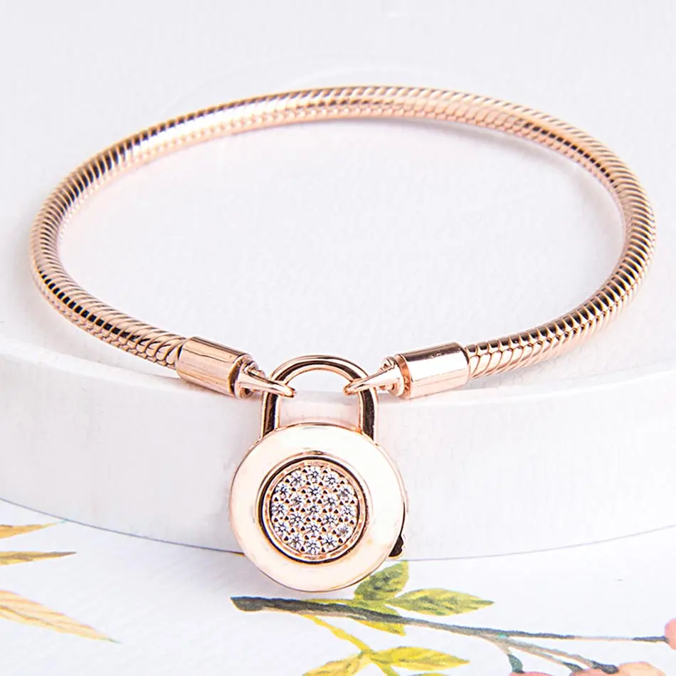 

Rose Logo Signature Padlock Smooth Snake Anklets Bracelet Fit Bead Charm DIY Pandora Jewelry 925 Sterling Silver Bangle