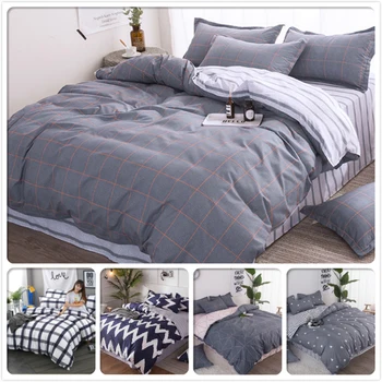 

Solid Pure Color Plaid Grey 3/4 pcs Bedding Set Kids Child Soft Cotton Bed Linen Single Full Double Queen King Size Duvet Cover