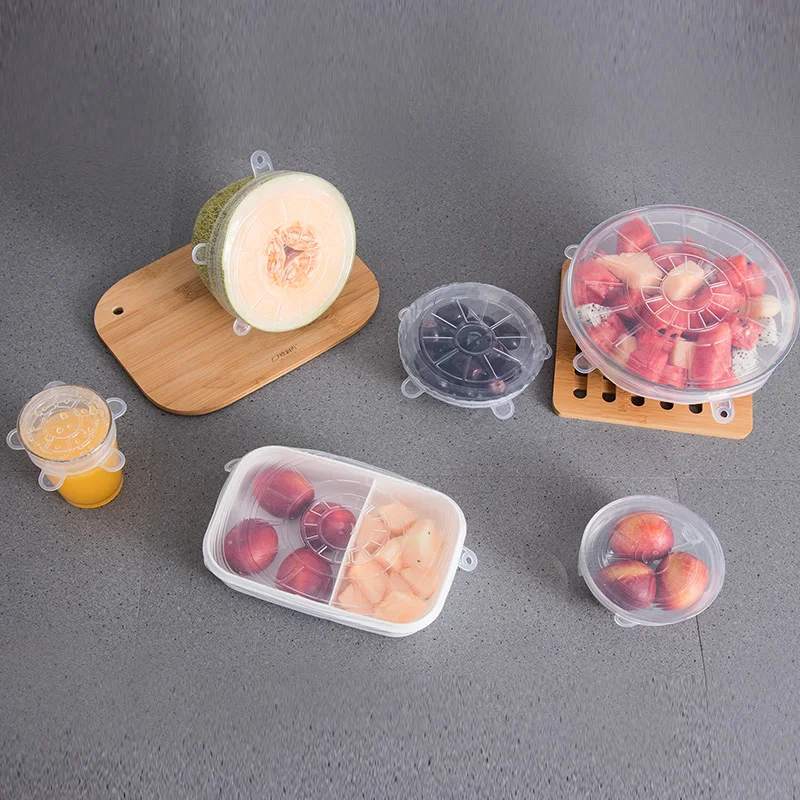 6pcs/Set Silicone Reusable Food Container Cover food Saver Vacuum Plastic Wrap Food Fresh Keeping Sealed Silicone Seal Stretch
