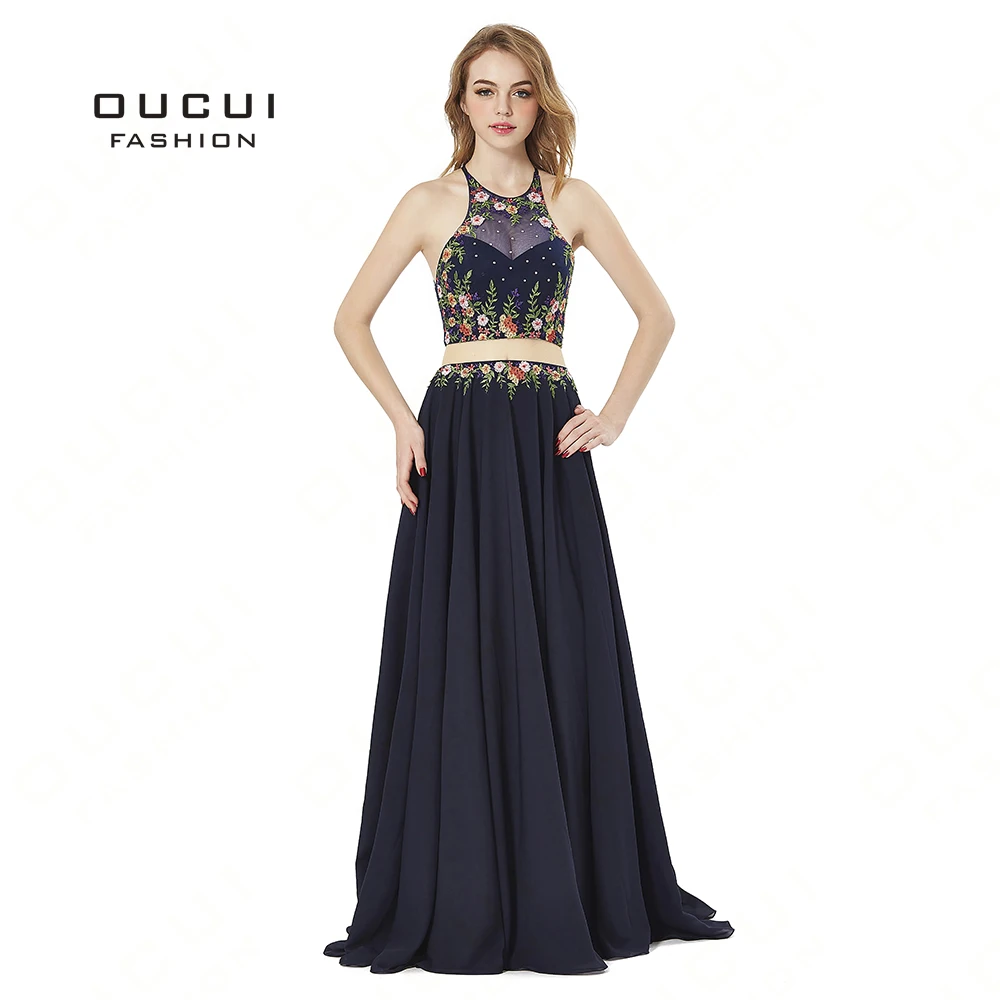 Real Photos Navy Two Piece Graduation Dress Embroidery Halter Long Prom 