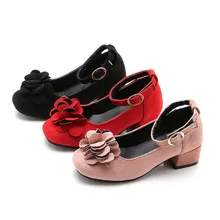 Детская обувь для девочек Обувь на высоких каблуках кожа; украшение в виде цветка; обувь принцессы; вечерние танцевальные дети младшего школьного возраста обуви для детей 4, 5, 6, 7, 8, 9, Для детей от 10 до 11 лет