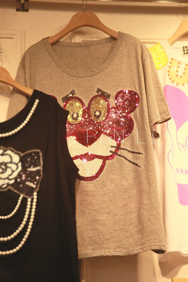 Свободная футболка большого размера в Корейском стиле, новинка, Короткие Свободные топы с круглым вырезом, летние сексуальные вечерние женские футболки с блестками розового цвета с леопардовым рисунком тигра