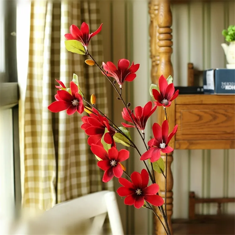 Искусственные цветы для декора Украшение для дома цветочный весенний длинный филиал цветок магнолии Европейский выс - Цвет: Красный