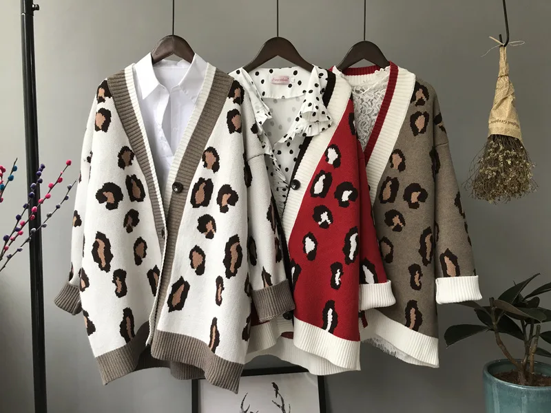 Женский свитер осень и зима хит цвет Леопардовый вязаный кардиган в длинном абзаце Свободная Женская куртка