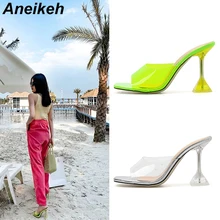 Aneikeh New PVC Transparent Women Slippers Open Toe Thin High Heel Women's Shoes Square Toe Silver Fluorescent Yellow 35-40