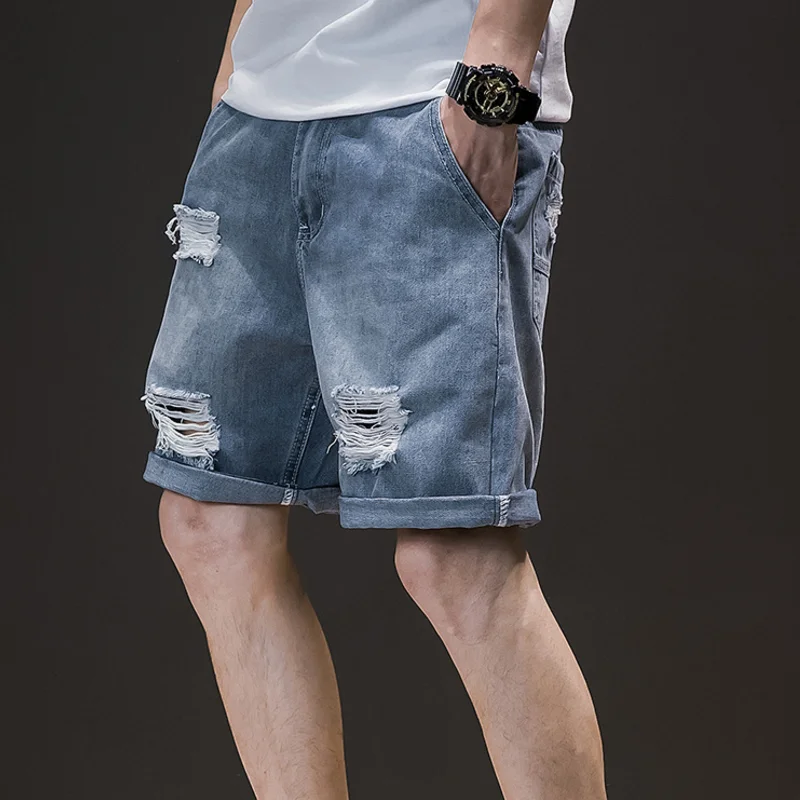 Мужские классические Рваные джинсовые шорты джинсы мужские повседневные тонкие до колена брюки мужские на молнии дышащие свободные