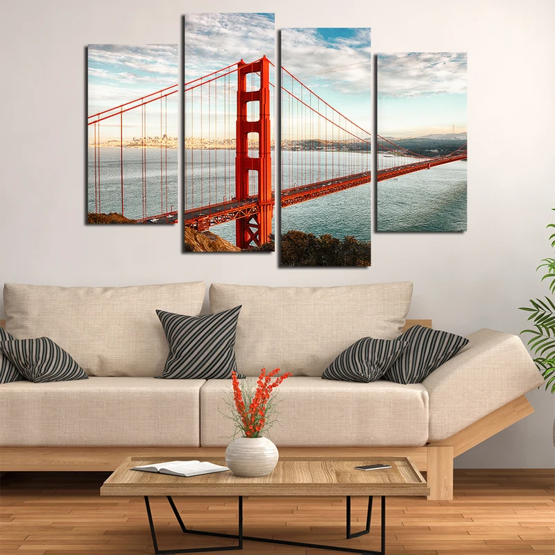 America Golden Gate Bridge 4 Panels Canvas Wall Art Cityscape Canvas Prints Paintings on Canvas for Living Room Wall Decorations (2)