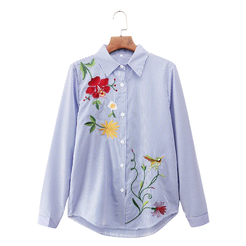 Achat Mikialong Floral Broderie Chemisier Femmes Rayé À Manches Longues Blouses 2018 Automne Chemise Femmes Tops Dames Bureau Camisas Mujer