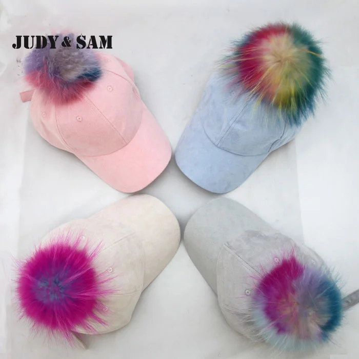 rainbow colorful fur pom pom baseball cap real fur pompoms hat