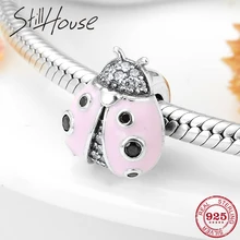 925 пробы серебро розовый Божья коровка мигающий CZ подвески разделители Stoper бусины, подходят к оригиналу Pandora, браслеты с подвесками ювелирные изделия