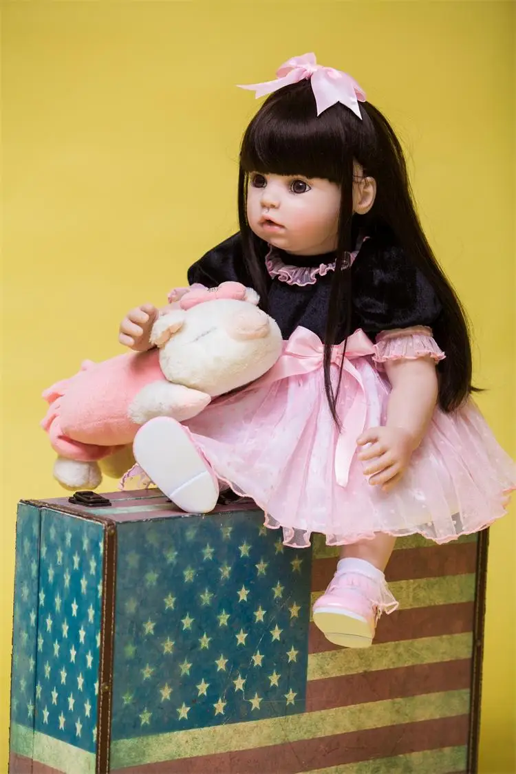 Pursue 24/60 cm Double Chin Silicone Reborn Princess Toddler Baby Girl Doll with Long Straight Black Hair for Girls Birthday