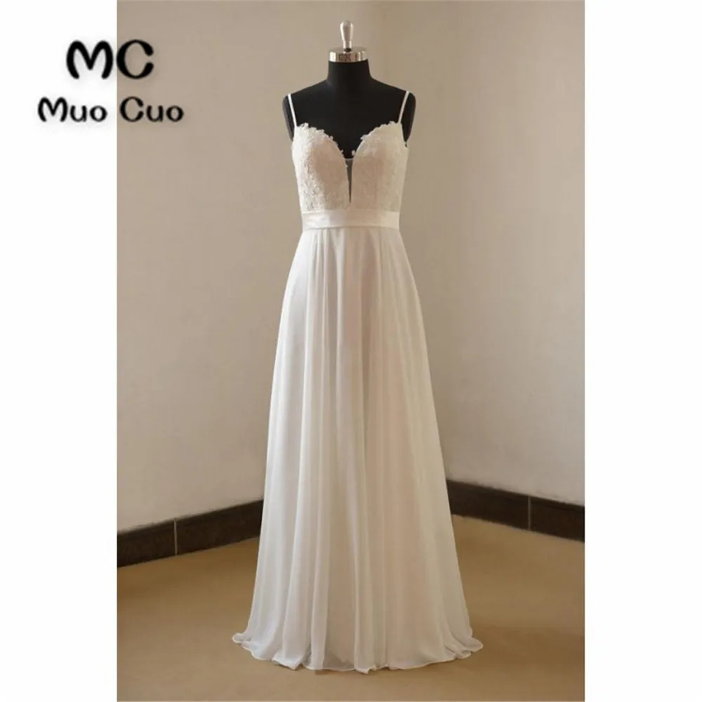 Vintage A-line Spaghetti Straps Long White Chiffon Wedding Dresses