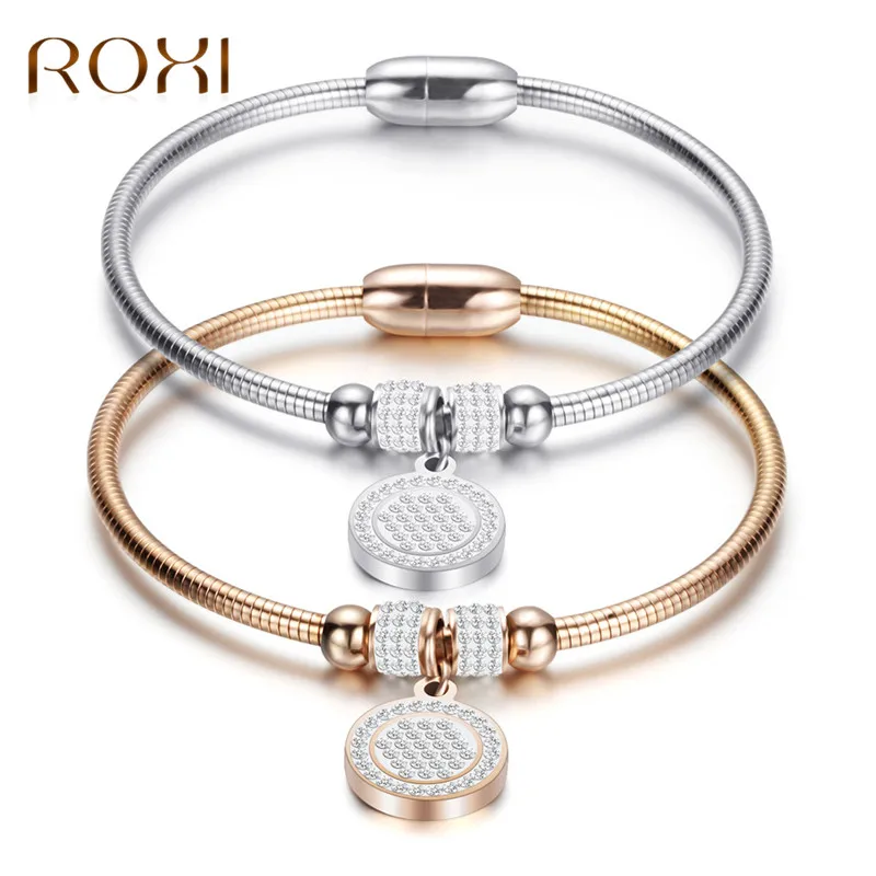 ROXI 316L нержавеющая сталь браслет Монета магнит застежка серебро цепь из розового золота кристалл браслеты для женщин Свадебные украшения