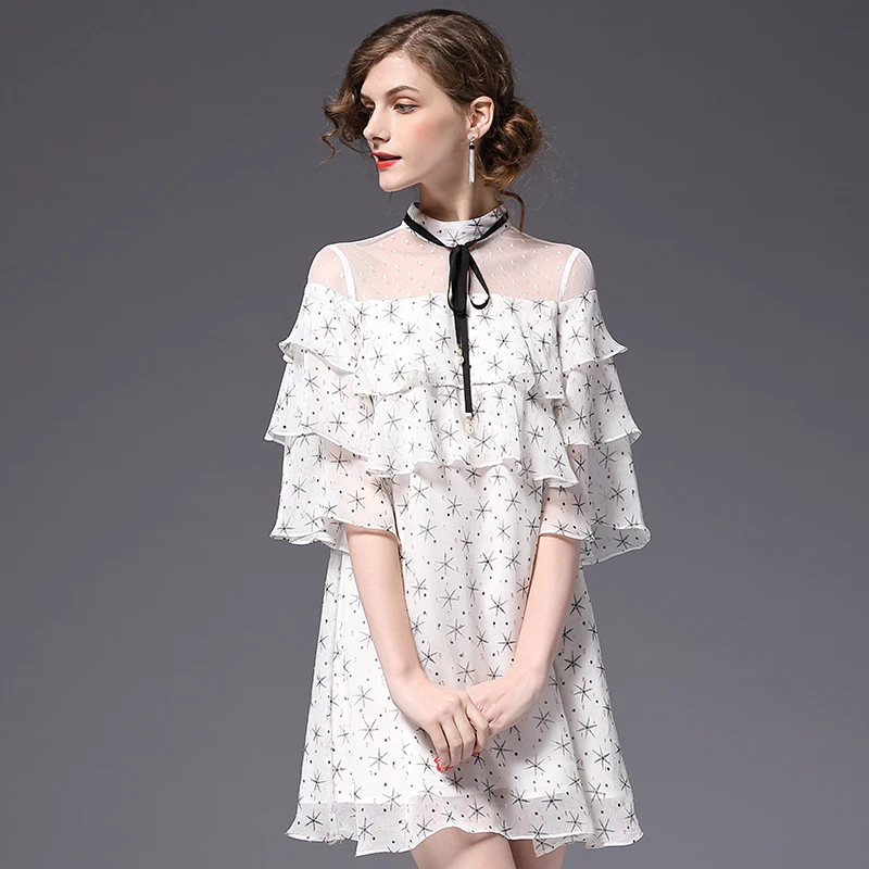 

Women Chiffon Dress with Butterfly Sleeve Print Evening Party Casual A-Line Dresses Mesh Shoulder Sweet Ladies Clothes ssd027