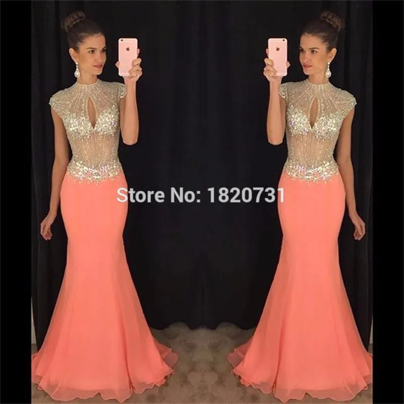 red prom dress 2020 Stunning High Neck Crystals Beading Sexy See Through Prom Party Dresses Cap Sleeve Mermaid Long Chiffon Party Gowns pretty prom dresses