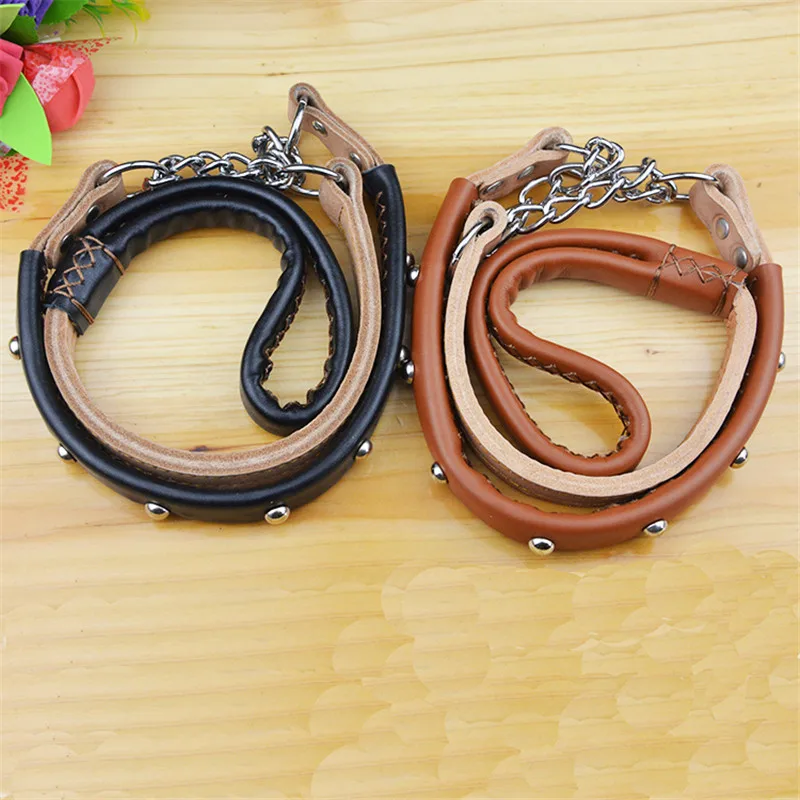 

New Brand Cowhide Leather Pet Necklace Studded Round Nail Pet Dog Collar and Short Leash Lead Set