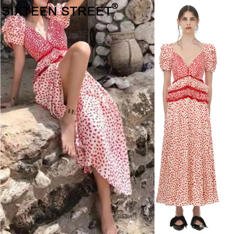 

New woman V neck print dress puff sleeve summer wear red dot printed maxi dresses ladies for holiday night party