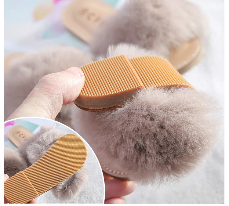 New Spring Plush Slippers Girls Slippers Real Rabbit Fur Shoes Open Toe Slippers All-match Childrens Shoes Summer Home Slippers