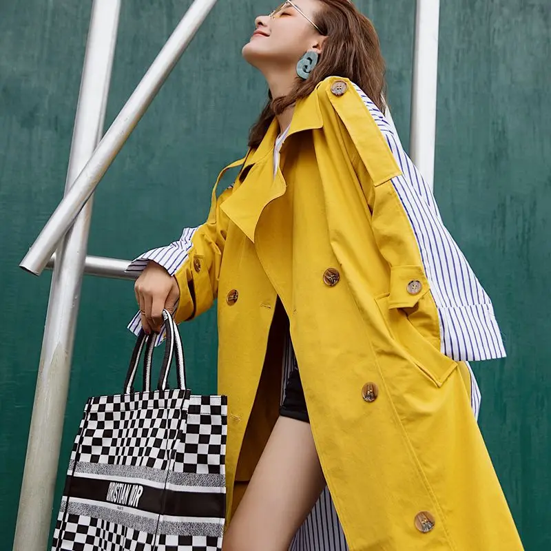 

Trench Coat for Women 2019 Autumn Windbreaker Female Long Coat New Style Striped Stitching Yellow Winter Trench Coat