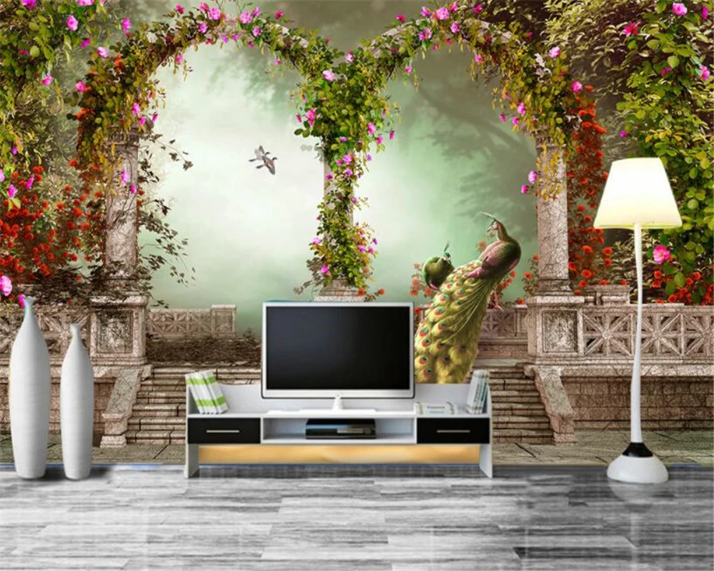 Beibehang Photo wallpaper Modern simple arches floral peacock