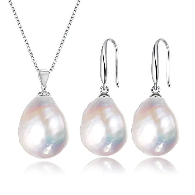 

SNH 11-12mm AA+ Baroque Wedding freshwater pearl jewelry sets silver women,White natural pearl sets pendant earring
