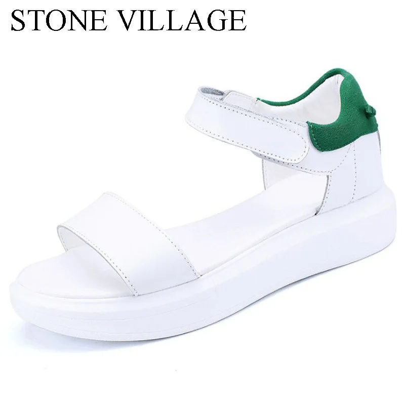 

2018 Summer New Korean Genuine Leather Wedges Women Sandals Thick-Soled Open Toe Casual Women Shoes Platform Shoes White