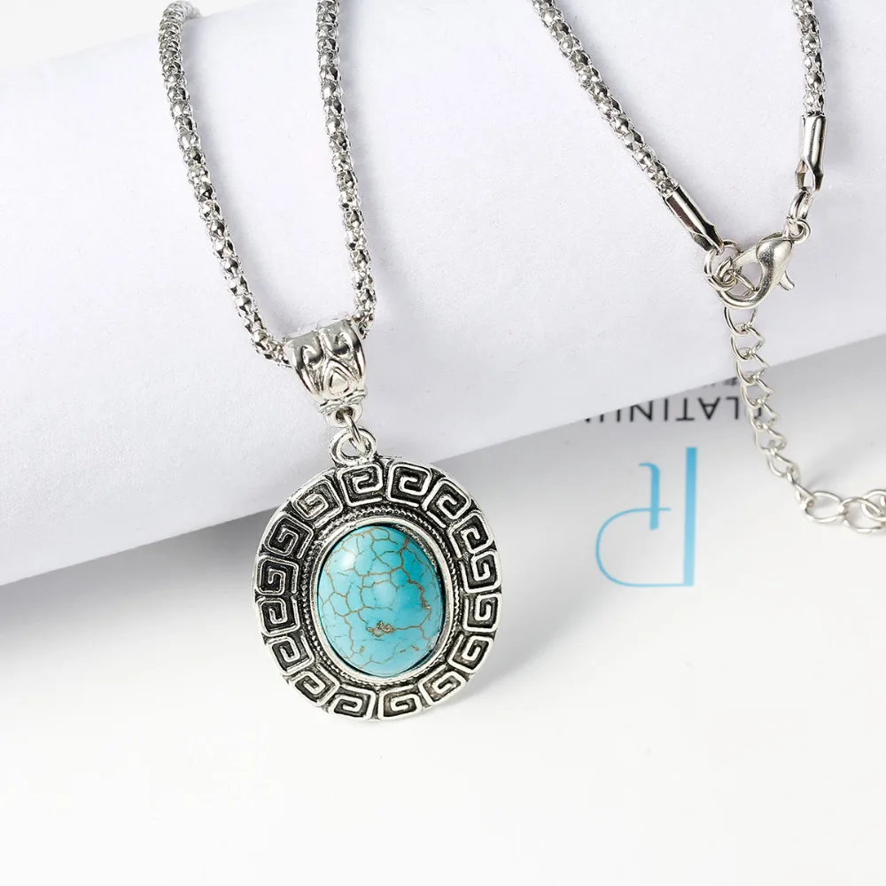 

8SEASONS Bohemia Necklace Popcorn Chain Antique Silver Created Malachite Green Oval Created Gem Stone 48.2cm(19") long, 1 Piece