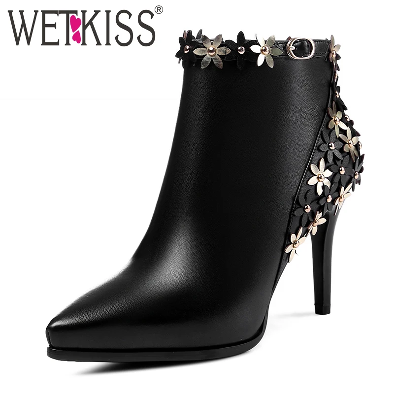 

WETKISS Genuine Leather Appliques Ankle Boots Women Flower Fairy Shoes Party Wedding Zipper Thin Heels Pointed toe Winter Boots