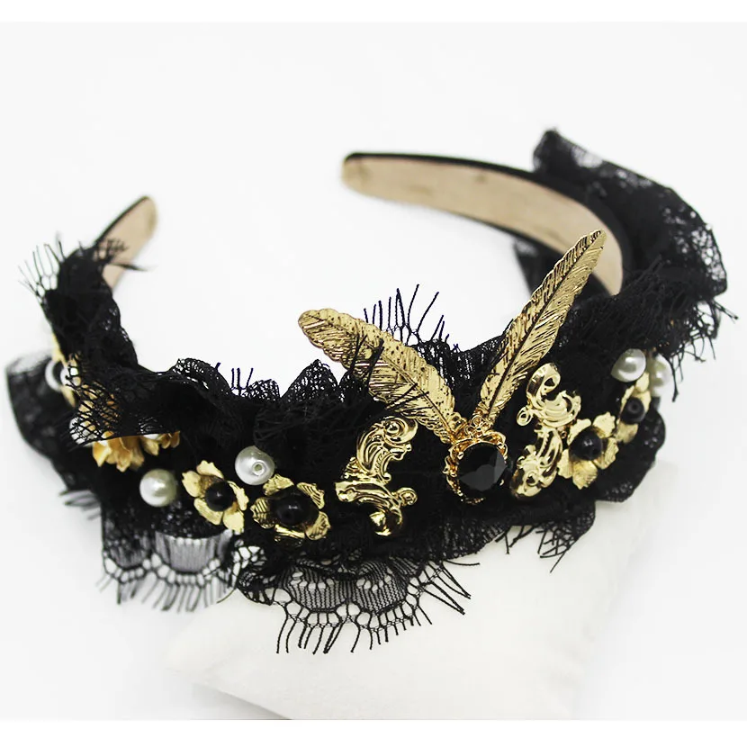 Подиумные кружевные повязки для волос в стиле барокко с бантом широкая черная