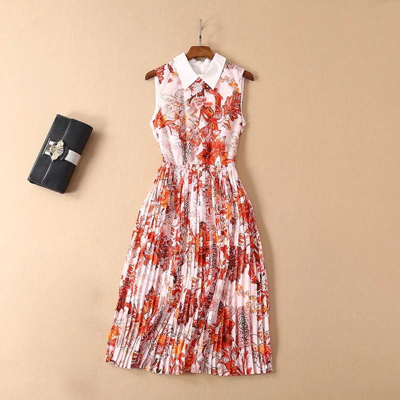 

HIGH QUALITY Newest 2019 Summer Runway Dress Women's Sleeveless Gorgeous Floral Print Pleated Dress
