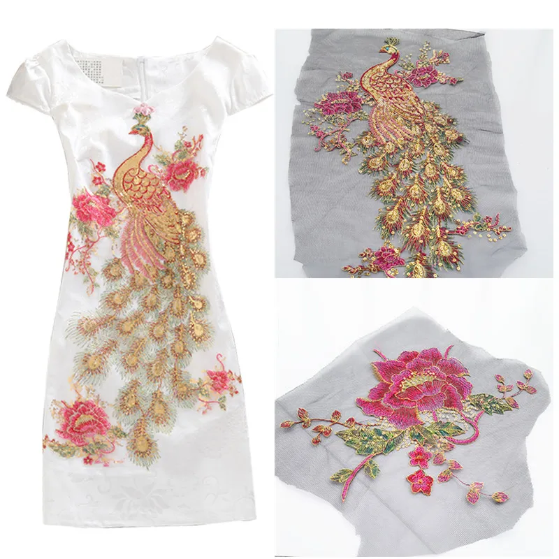 

DIY Peacock Flower Sequins Embroidered Patches For Clothes Applique Embroidery Flower Wedding Dress Sewing Trim Garment Decor