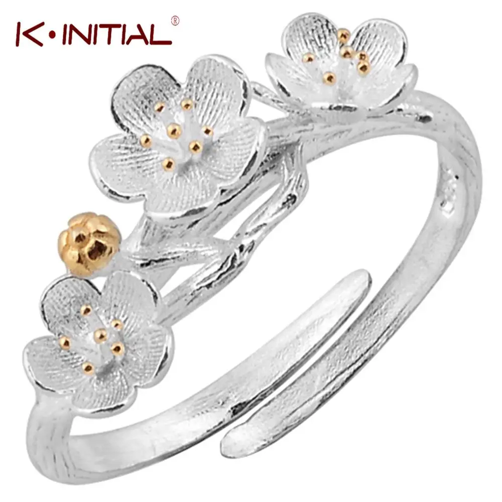Kinitial New 925 Sterling Silver Plum Flower Rings for Midi Jewelry Fashion Open Adjustable Finger Ring women Gift | Украшения и