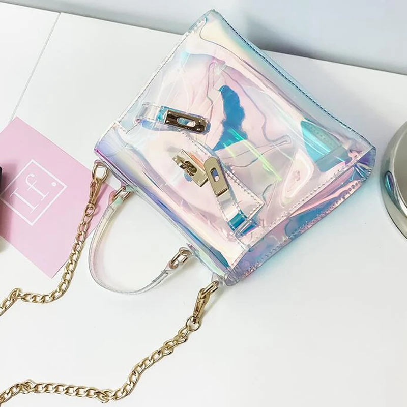 Women Plastic Messenger Handbag Transparent Laser Handbag Clutch Shoulder Crossbody Bag Chain Bag Clear Bag Evening Purse PP-877