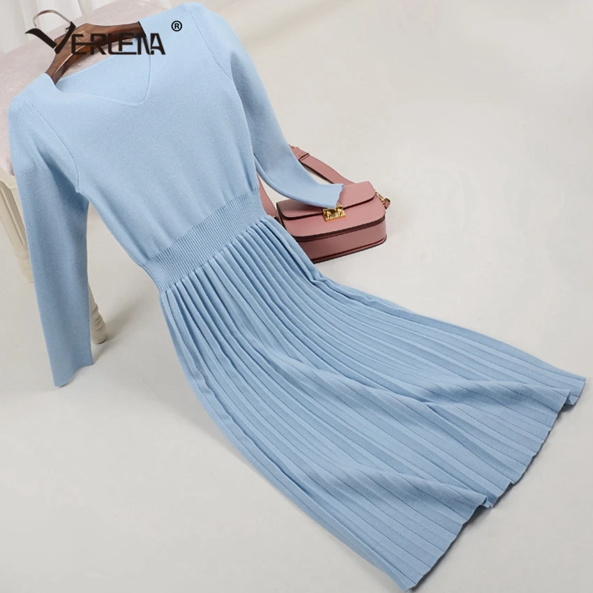 

Verlena Korean Fashion 2019 Christmas Red Knitted Winter Dress Elegant V-Neck Slim Stretchable Shirred Panel Waist Women Dresses